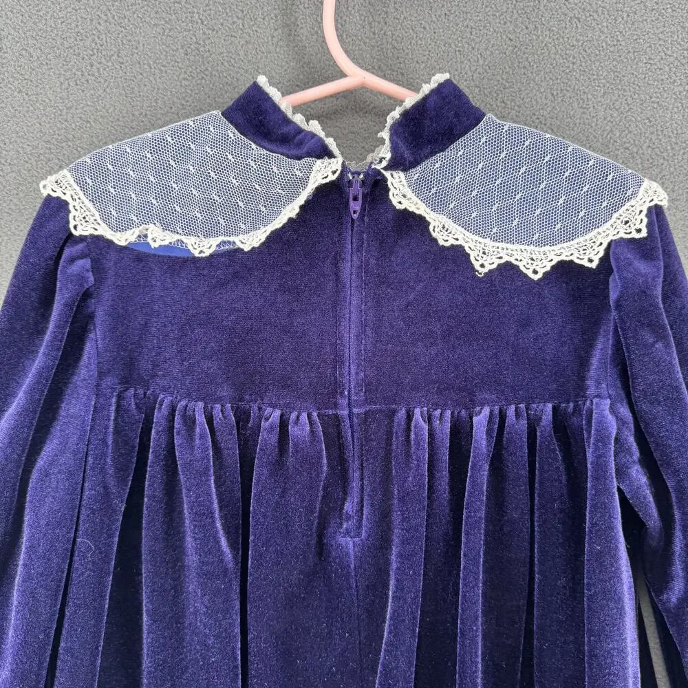 Vintage Pretty as a‎ Picture Velvet and Lace Little Girls Dress 6X Purple White